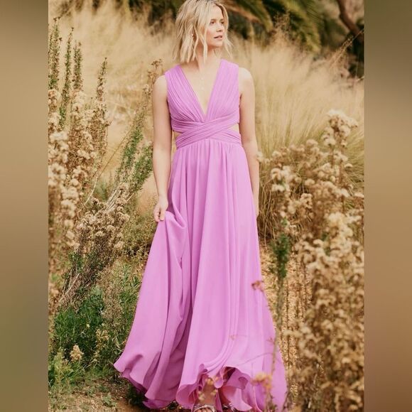 Lulus Vivid Imagination Lilac Pink Cutout Maxi Chiffon V Neck Dress Small NEW - Picture 14 of 16